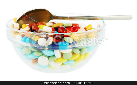Saucer with many-colored pills and spoon Saucer with many-colored pills and spoon stock photo, Transparent saucer with many-colored pills ans spoon by Iryna Rasko
