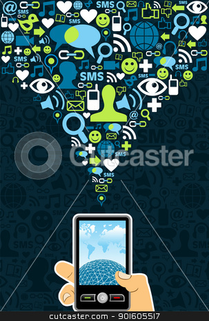 To use this stock image in your creative project, please select the size you need over to the right and click the "Add to Cart" button.
Your downloaded image will come with the Cutcaster watermark removed so don’t worry about the watermark you see on this page. Social media cell phone connection stock vector clipart, Hand holding a cell phone under social media icons on blue background
Vector file available. by Cienpies Design