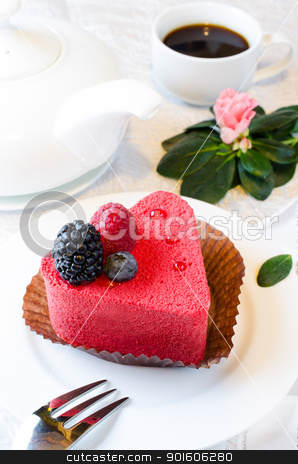 To use this stock image in your creative project, please select the size you need over to the right and click the "Add to Cart" button.
Your downloaded image will come with the Cutcaster watermark removed so don’t worry about the watermark you see on this page. Cake coffe flower stock photo, Red heart shaped cake with cofee and pink azalia flower by Nanisimova