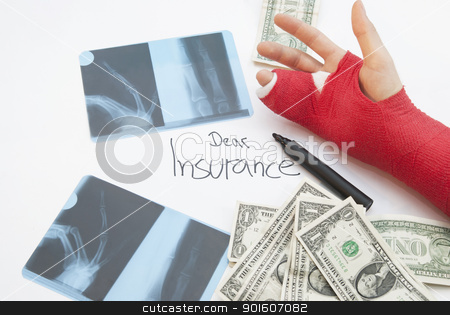 To use this stock image in your creative project, please select the size you need over to the right and click the "Add to Cart" button.
Your downloaded image will come with the Cutcaster watermark removed so don’t worry about the watermark you see on this page. Dear Insurance... Cost Of Healthcare Concept stock photo, Bandaged arm, xray prints, dollar bills and pen. Hand is bandaged in red plaster and splint in oreder to support the healing process. by KonArt