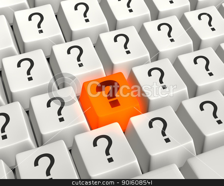 A Burning Question A Burning Question stock photo, Close up photo-real illustration of a computer keyboard with an orange, glowing question key surrounded by white question mark keys. by Mark Carrel