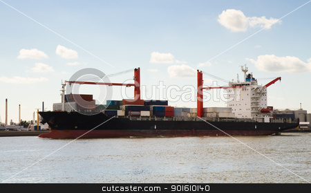 To use this stock image in your creative project, please select the size you need over to the right and click the "Add to Cart" button.
Your downloaded image will come with the Cutcaster watermark removed so don’t worry about the watermark you see on this page. Big container ship on the river stock photo, Big container ship with onboard cranes on the river coming in to port by Colette Planken-Kooij