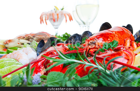 To use this stock image in your creative project, please select the size you need over to the right and click the "Add to Cart" button.
Your downloaded image will come with the Cutcaster watermark removed so don’t worry about the watermark you see on this page. Lobster and seafood stock photo, Fresh and delicious seafood dish with white background by Steve Mcsweeny