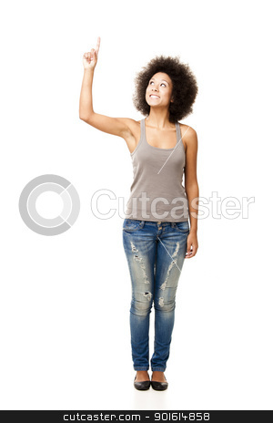 To use this stock image in your creative project, please select the size you need over to the right and click the "Add to Cart" button.
Your downloaded image will come with the Cutcaster watermark removed so don’t worry about the watermark you see on this page. Have an idea stock photo, Afro-American young woman isolated on white looking up with a finger on the air by ikostudio