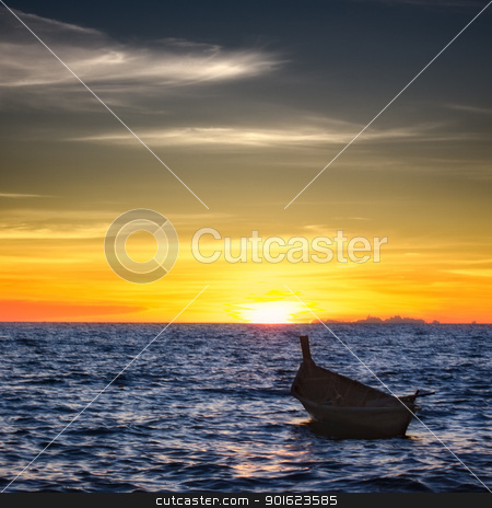 To use this stock image in your creative project, please select the size you need over to the right and click the "Add to Cart" button.
Your downloaded image will come with the Cutcaster watermark removed so don’t worry about the watermark you see on this page. Sunset over Andaman Sea stock photo, boat on waves under sunset, Andaman Sea, Thailand by Petr Malyshev