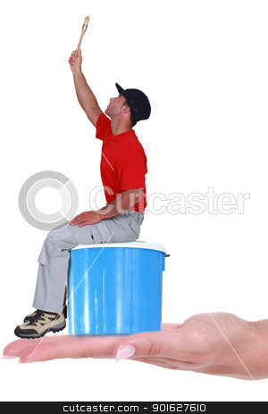 Painter on blue paint can Painter on blue paint can stock photo, Painter on blue paint can by photography33