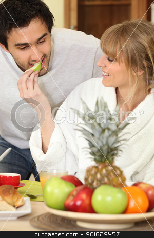 To use this stock image in your creative project, please select the size you need over to the right and click the "Add to Cart" button.
Your downloaded image will come with the Cutcaster watermark removed so don’t worry about the watermark you see on this page. Young couple eating fruit at breakfast stock photo, Young couple eating fruit at breakfast by photography33