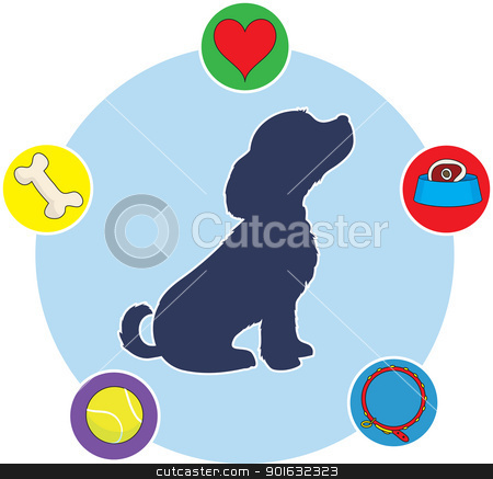 Things Dogs Love Things Dogs Love stock vector clipart, A silhouette of a puppy in profile on a circular background, with icons of puppy thoughts dotted around the circle. by Maria Bell