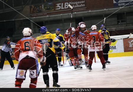 To use this stock image in your creative project, please select the size you need over to the right and click the "Add to Cart" button.
Your downloaded image will come with the Cutcaster watermark removed so don’t worry about the watermark you see on this page. icehockey game action stock photo, ZELL AM SEE; AUSTRIA - AUG 30: Austrian National League. KAC II is celebrating their 2nd goal. Game EK Zell am See vs KAC II (Result 2-3) on August 30, 2011 in Zell am See. by www.ericfahrner.com