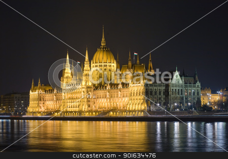 The Hungarian parliament lit up at night. The Hungarian parliament lit up at night. stock photo, The beautiful historic Hungarian parliament lit up at night. by exvivo