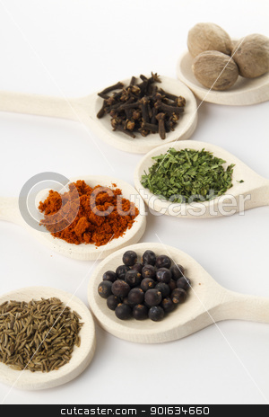 Spices assortment spices assortment stock photo, spices on wooden spoons in detail by FranziskaKrause