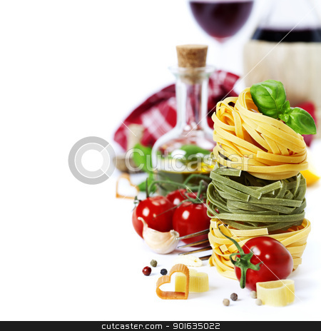 Italian Pasta and wine Italian Pasta and wine stock photo, Italian Pasta ( with tomatoes, olive oil and basil) and wine on a white background by klenova