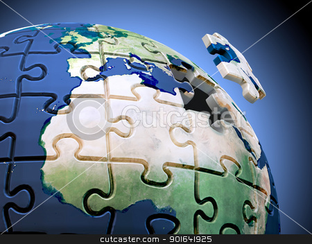 World Puzzle World Puzzle stock photo, Last piece of the puzzle. A spherical jigsaw puzzle with the World map by Mopic