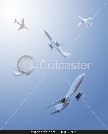 Airplanes flying in different directions airplanes flying in different directions stock photo, Five airplanes flying in different directions over the viewer by Mopic