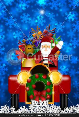 To use this stock image in your creative project, please select the size you need over to the right and click the "Add to Cart" button.
Your downloaded image will come with the Cutcaster watermark removed so don’t worry about the watermark you see on this page. Santa and Reindeer Riding in Vintage Red Car stock photo, Santa Claus and Reindeer in Winter Snow Scene Driving in Vintage Red Car Illustration by Jit Lim