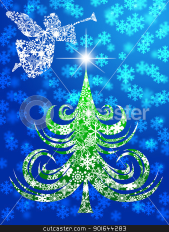 Angel with Trumpet Over Christmas Tree Angel with Trumpet Over Christmas Tree stock photo, Snowflakes Angel with Trumpet Over Christmas Tree Illustration by Jit Lim