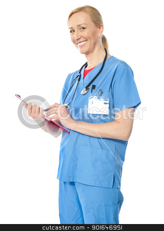 To use this stock image in your creative project, please select the size you need over to the right and click the "Add to Cart" button.
Your downloaded image will come with the Cutcaster watermark removed so don’t worry about the watermark you see on this page. Confident senior doctor, portrait stock photo, Confident senior doctor writing report and smiling at camera by Ishay Botbol