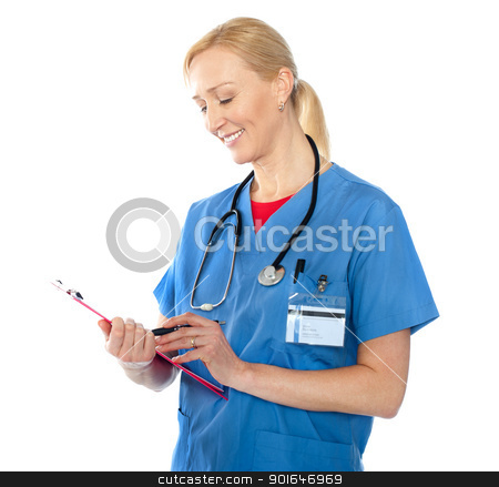 To use this stock image in your creative project, please select the size you need over to the right and click the "Add to Cart" button.
Your downloaded image will come with the Cutcaster watermark removed so don’t worry about the watermark you see on this page. Senior female doctor writing report stock photo, Senior female doctor writing report isolated against white background by Ishay Botbol