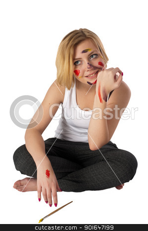Soiled artist Soiled artist stock photo, Young pretty woman the artist. Isolated on white by Aikon