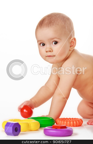 To use this stock image in your creative project, please select the size you need over to the right and click the "Add to Cart" button.
Your downloaded image will come with the Cutcaster watermark removed so don’t worry about the watermark you see on this page. Small child play with toys on white background stock photo, Baby play with toys on white background in studio by Oleg