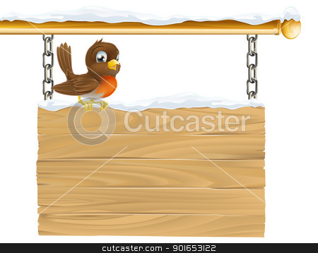 Winter robin sign Winter robin sign stock vector clipart, Illustration of a cute Robin red breast sitting on winter sign covered in snow by Christos Georghiou