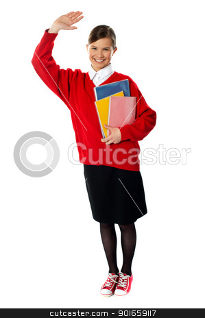 To use this stock image in your creative project, please select the size you need over to the right and click the "Add to Cart" button.
Your downloaded image will come with the Cutcaster watermark removed so don’t worry about the watermark you see on this page. Full length view of student girl with giving hi5 stock photo, Full length view of student girl with giving hi5 and holding exercise books by Ishay Botbol