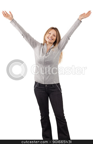 To use this stock image in your creative project, please select the size you need over to the right and click the "Add to Cart" button.
Your downloaded image will come with the Cutcaster watermark removed so don’t worry about the watermark you see on this page. Happy woman with arms in the air stock photo, Photo of a young blond woman with her arms up in the air and full of joy. by © Ron Sumners