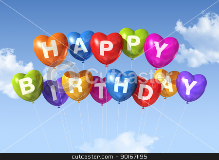 Happy Birthday heart shape balloons in the sky Happy Birthday heart shape balloons in the sky stock photo, colored Happy Birthday heart shape balloons floating in the sky by Laurent Davoust
