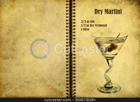 Dry Martini Recipe Dry Martini Recipe stock photo, Old,vintage or grunge Spiral Recipe Notebook with dry martini cocktail on the page.Room for text by borojoint