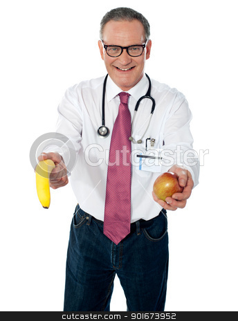 To use this stock image in your creative project, please select the size you need over to the right and click the "Add to Cart" button.
Your downloaded image will come with the Cutcaster watermark removed so don’t worry about the watermark you see on this page. A fruit a day keeps doctor away stock photo, Senior doctor offering fruits to you for your good health by Ishay Botbol