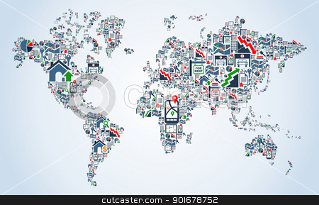 To use this stock image in your creative project, please select the size you need over to the right and click the "Add to Cart" button.
Your downloaded image will come with the Cutcaster watermark removed so don’t worry about the watermark you see on this page. Property service icons World map stock vector clipart, Real estate icon set in Earth Globe map shape background illustration. Vector file layered for easy manipulation and custom coloring.
by Cienpies Design