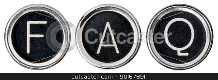 Old Typewriter FAQ Old Typewriter FAQ stock photo, Old, scratched chrome typewriter keys with black centers and white letters spelling out the word,