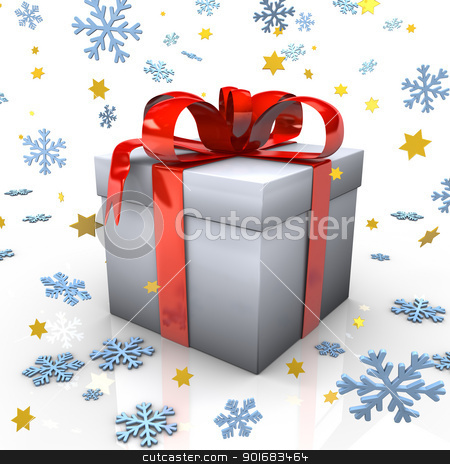 Christmas Gift Christmas Gift stock photo, Gift with red ribbons, snowflakes and golden stars on the white background. by Alexander Limbach