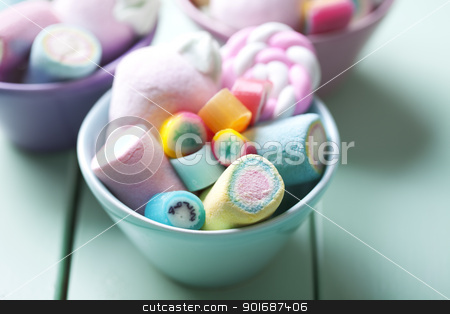 Candy candy stock photo, bowl full of colorful pastel marchmellows and rock candy by Liv Friis-Larsen