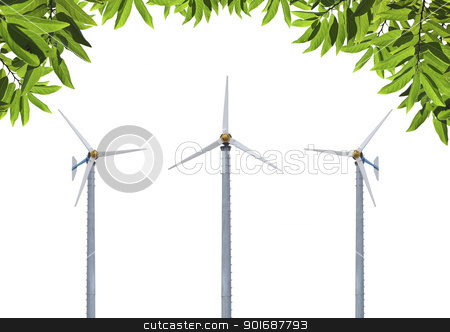 To use this stock image in your creative project, please select the size you need over to the right and click the "Add to Cart" button.
Your downloaded image will come with the Cutcaster watermark removed so don’t worry about the watermark you see on this page. Ecofriendly energy stock photo, Windmills with beautiful green leafs isolate on white by Exsodus
