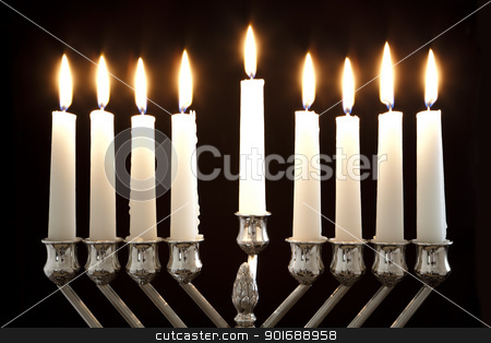 Hanukkah Menorah / Hanukkah Candles Hanukkah Menorah / Hanukkah Candles stock photo, Silver Hanukkah candles all candle lite on the traditional Hanukkah menorah by Dmitry Pistrov