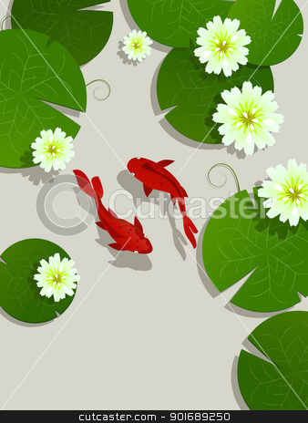 Koi fish card Koi fish card stock vector clipart, Koi fish and lotus leaves and flowers background card with room for text by Richard Laschon