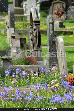 Old graves in cemetery Old graves in cemetery stock photo, Old graves in cemetery with flowers in foreground. by Martin Crowdy