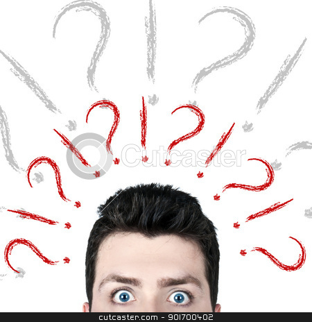To use this stock image in your creative project, please select the size you need over to the right and click the "Add to Cart" button.
Your downloaded image will come with the Cutcaster watermark removed so don’t worry about the watermark you see on this page. Questions stock photo, Young man surprised with wide open eyes and a lot of questions on his mind by HypnoCreative