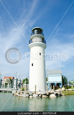 To use this stock image in your creative project, please select the size you need over to the right and click the "Add to Cart" button.
Your downloaded image will come with the Cutcaster watermark removed so don’t worry about the watermark you see on this page. white lighthouse stock photo, white lighthouse in market near port by chatchai