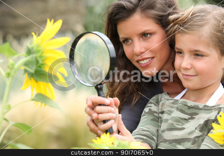 Young mum and daughter looking at a sunflower through a magnifying glass Young mum and daughter looking at a sunflower through a magnifying glass stock photo, Young mum and daughter looking at a sunflower through a magnifying glass by photography33
