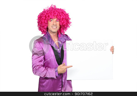 Man in silly seventies costume holding blank board ready for your message Man in silly seventies costume holding blank board ready for your message stock photo, Man in silly seventies costume holding blank board ready for your message by photography33