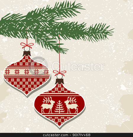Retro christmas balls with ornaments Retro christmas balls with ornaments stock vector clipart, Christmas balls with nordic cross stitch ornament and green branch, vector illustration by Ela Kwasniewski