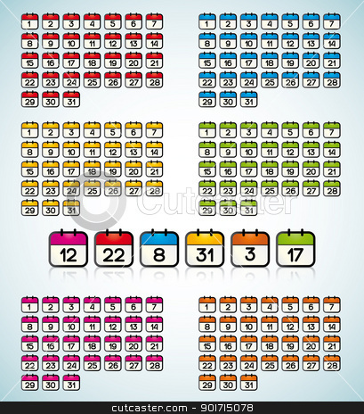 To use this stock image in your creative project, please select the size you need over to the right and click the "Add to Cart" button.
Your downloaded image will come with the Cutcaster watermark removed so don’t worry about the watermark you see on this page. calendar icons stock vector clipart, colored icons with the days of the month by Miroslava Hlavacova