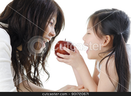 To use this stock image in your creative project, please select the size you need over to the right and click the "Add to Cart" button.
Your downloaded image will come with the Cutcaster watermark removed so don’t worry about the watermark you see on this page. Healthy eating stock photo, Mother and daughter sharing an apple on white background by szefei
