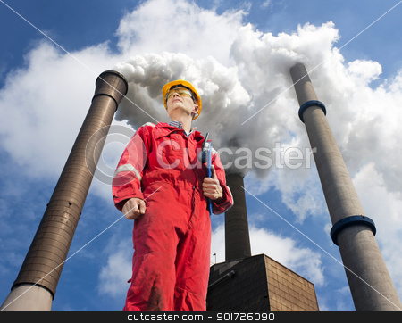 Environmental engineering Environmental engineering stock photo, Engineer looking up towards the wind direction with tall smoke stacks, emitting vaporized water, seen from below by Corepics VOF