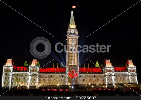 To use this stock image in your creative project, please select the size you need over to the right and click the "Add to Cart" button.
Your downloaded image will come with the Cutcaster watermark removed so don’t worry about the watermark you see on this page. Political Vision stock photo, The Canadian Parliament Centre Block light show featuring the maple leaf flag at night. by Michel Loiselle