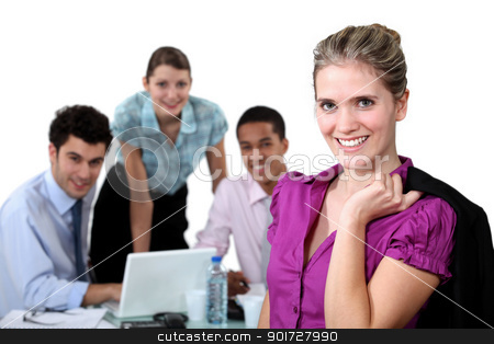 To use this stock image in your creative project, please select the size you need over to the right and click the "Add to Cart" button.
Your downloaded image will come with the Cutcaster watermark removed so don’t worry about the watermark you see on this page. young executive woman and teamwork in background stock photo, young executive woman and teamwork in background by photography33