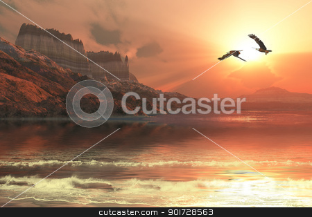 Ghost Seascape Ghost Seascape stock photo, A gorgeous sunset captures the flight of two Bald Eagles flying along a mountainous coastline. by Corey Ford