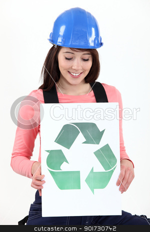 Craftswoman holding a recycling label craftswoman holding a recycling label stock photo, craftswoman holding a recycling label by photography33